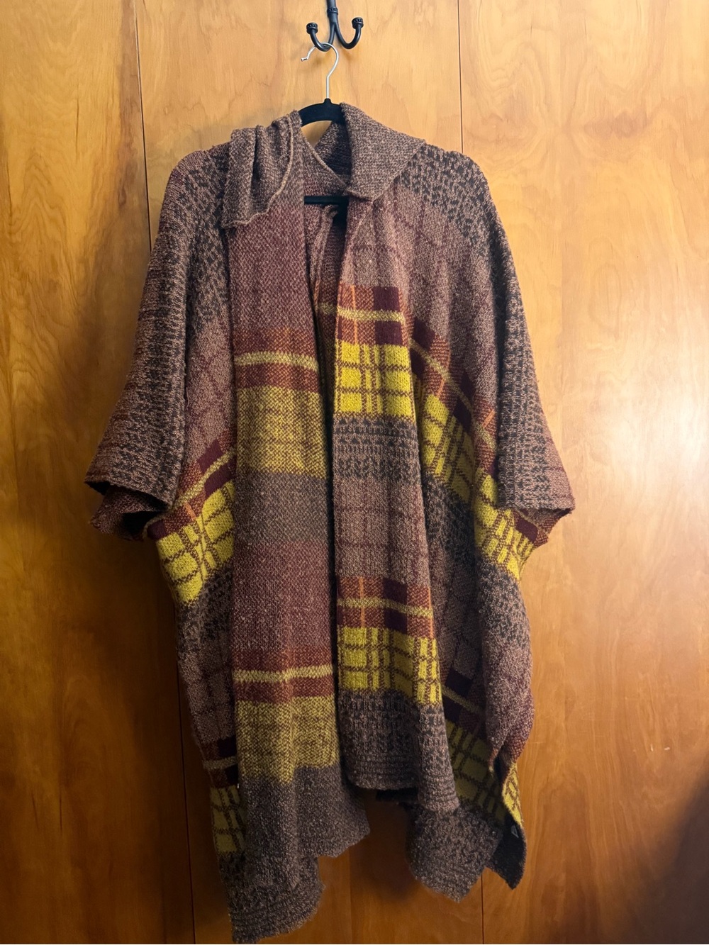 Raj Brown and Yellow Plaid Knit Hooded Poncho